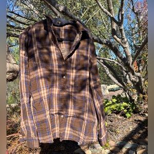 Super Soft Cotton Gauze Brown and Blue Plaid Button-Up Shirt